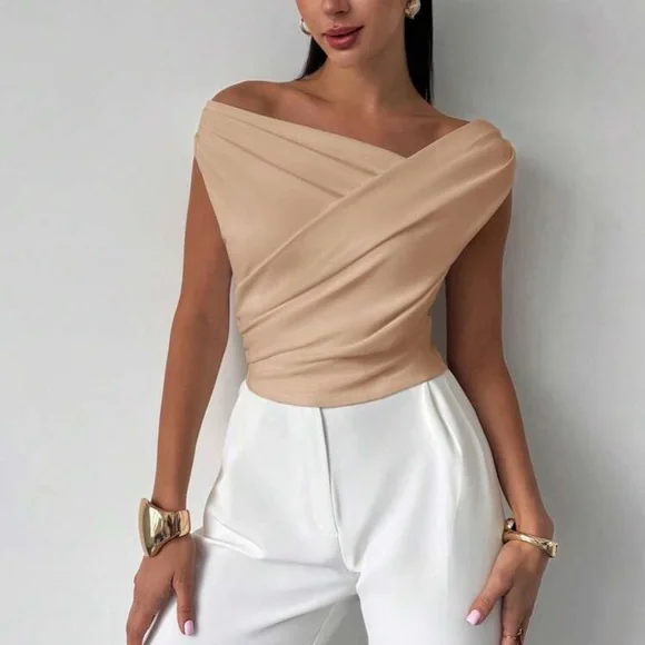 Elegant Red Off-Shoulder Asymmetrical Neck Blouse